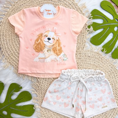  Conj. Blusa Doguinha Princess e Short Corações em Linho - Salmão e Areia